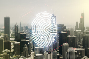 Aufkleber - Multi exposure of virtual fingerprint scan interface on Chicago office buildings background, digital access concept