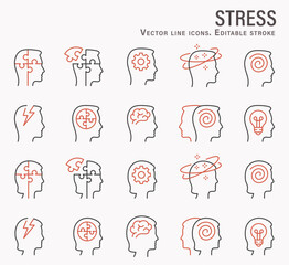 Wall Mural - Stress icons, such as anxiety, migraine, worry, trouble and more. Editable stroke.