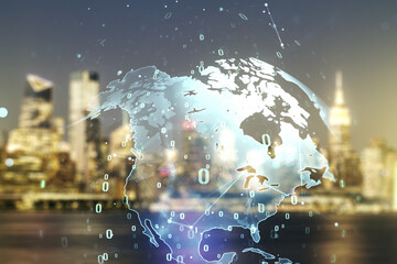 Aufkleber - Multi exposure of abstract creative coding sketch and world map on blurry skyline background, artificial intelligence and neural networks concept