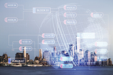 Poster - Multi exposure of abstract graphic coding sketch and world map on Manhattan cityscape background, big data and networking concept
