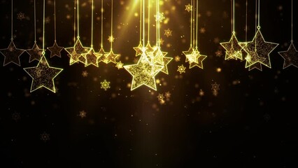 Wall Mural - Gold Background Merry Christmas Concept Greeting Video Card Gifts. Christmas Star Shape  with Shining Light With Particles, Falling Snowflakes, Seamless Loops Animation 4k