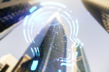 Poster - Abstract virtual artificial Intelligence concept with human head sketch on modern architecture background. Double exposure