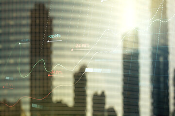 Poster - Multi exposure of stats data illustration on office buildings background, computing and analytics concept