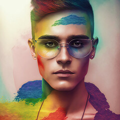 Portrait of a young man wearing glasses and rainbow makeup promoting LGBTQ+ values