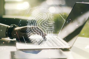 Aufkleber - Abstract creative fingerprint illustration with hands typing on laptop on background, personal biometric data concept. Multiexposure