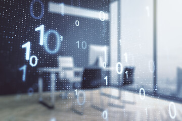 Poster - Double exposure of creative abstract binary code hologram and modern desktop with laptop on background. Database and programming concept