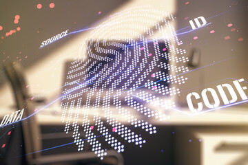 Aufkleber - Multi exposure of abstract fingerprint scan interface and modern desk with computer on background, digital access concept