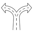 Black outline simple icon of a fork in the road or path choice. Contour vector symbol isolated on transparent background. Thin lines. Line thickness editable