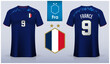 Soccer jersey or football kit template design for France national football team. Front and back view soccer uniform. Blue Football t shirt mock up with flat logo.
