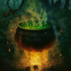 Wall Mural - Cauldron bubbles with green magic potion. 