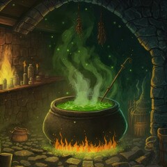 Wall Mural - Cauldron bubbles with green magic potion. 