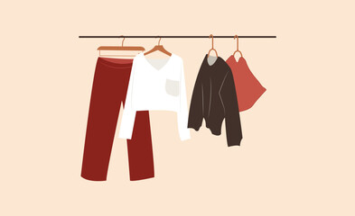 Fashion clothes vector flat illustration. Collection of trendy clothing for vacation. Colored stylish shoes, dress, trousers, and shirt.