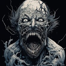 Beautifully Designed Concept Illustration Of Scary Zombie, Close-up Portrait Of A Horrible Scary Zombie Man. Horror. Halloween. Digital Art Style, Illustration Painting. In The Style Of Comics