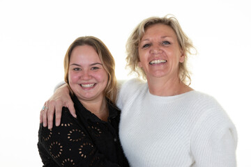 Mature mother and adult daughter laughing smiling together family concept in white background