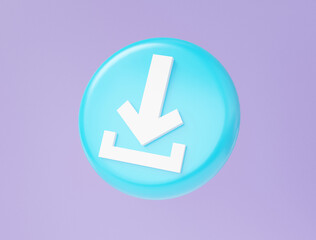 Poster - Blue download icon floating on purple background Load internet data transfer docoment file to server via computer or smartphone storage database, Minimal cartoon style. backup information. 3d render