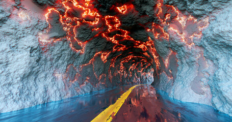 Poster - 3d rendering. A tunnel with a road going into the distance with a stone texture with bright luminous streaks or cracks.