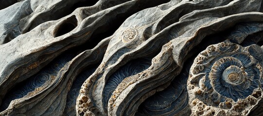 Sticker - Ammonite sea shell spirals and sandstone rock. Curved layers and detailed blue surface fossil texture patterns - macro closeup background resource.  