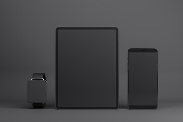 Front view on blank black modern devices screens with place for your logo or text, smart watches, digital tablet and smartphone on dark grey background. 3D rendering, mockup