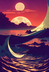 Wall Mural - a small moon hidden in oasis at night, another giant moon reflecting, bioluminescent plants dim lit 