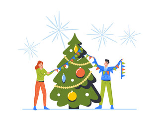 Sticker - Christmas and New Year Holiday Celebration Concept. Happy People Decorate Tree Together Cartoon Vector Illustration