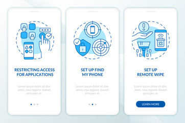 Protect mobile phone blue onboarding mobile app screen. Online safety walkthrough 3 steps editable graphic instructions with linear concepts. UI, UX, GUI template. Myriad Pro-Bold, Regular fonts used