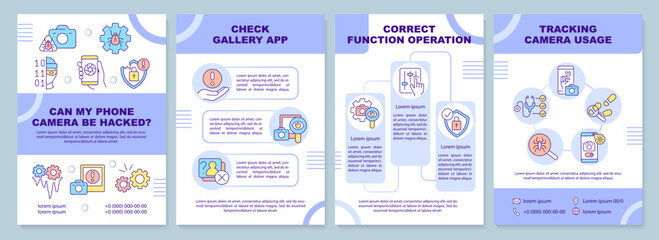 Possible phone camera hacking purple brochure template. Leaflet design with linear icons. Editable 4 vector layouts for presentation, annual reports. Arial-Black, Myriad Pro-Regular fonts used