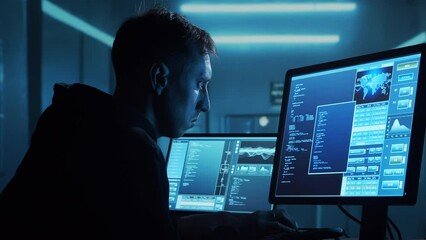 Computer Hacker in Hoodie. Obscured Dark Face. Hacker Attack, Virus Infected Software, Dark Web and Cyber Security concept