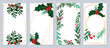 Set of christmas template poster. Decorative winter botanical leaves with gold frame, holly, berry, mistletoe, pine leaves. Design illustration for banner, card, social media, advertising, website.