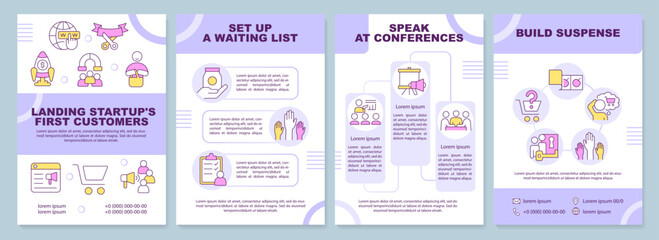 Land startup first customers brochure template. New business. Leaflet design with linear icons. Editable 4 vector layouts for presentation, annual reports. Arial-Black, Myriad Pro-Regular fonts used