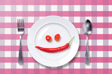 Red Chili Smile, Close Up White Plate  With Tablecloth Plaid Pattern