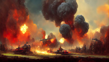 A Series Of Explosions On The Battlefield. War And Destruction. 3D Illustration.