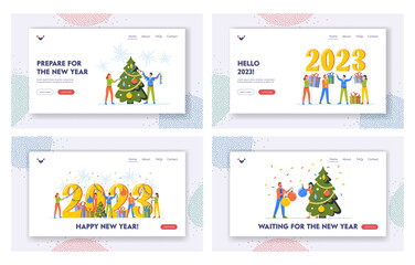 Poster - Happy New Year Landing Page Template Set. People Prepare for Celebration Decorate Huge Numbers 2023 with Garlands