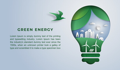 Wall Mural - Eco concept and green power in green city. paper cut vector illustration