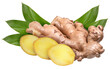 Fresh ginger with green leaves on white background, Ginger root on white background PNG File.