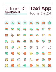 Wall Mural - Taxi service pixel perfect RGB color ui icons set. Digital technology for business. GUI, UX design for mobile app. Vector isolated pictograms. Editable stroke. Montserrat Bold, Light fonts used