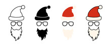 Beard With Christmas Hat And Glasses On White Background