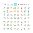 © bsd studio - Postal service RGB color icons set. Delivery company. Shipping process. Mailing. Isolated vector illustrations. Simple filled line drawings collection. Editable stroke. Quicksand-Light font used