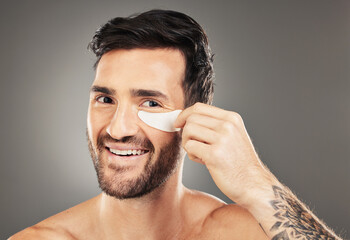 man, eye patch and product for skincare, beauty and health with a smile for cosmetic, collagen and d