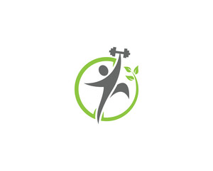 Wall Mural - Natural fitness healthy people logo design. Green fitness logo with barbell and man vector icon.