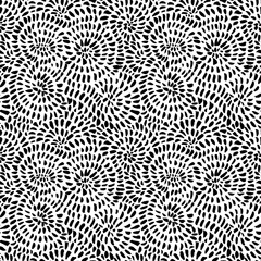 Dotted lines in swirl shape seamless pattern. Black and white vector hatching texture. Spirals seamless doodle pattern. Circular and swirl shapes with short lines or dashes. Brush drawn random strokes