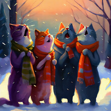 Caroling Cat Quartet. Snowy Scarves Shield Shivering Shoulders.