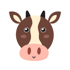 Wall Mural - Cute cow face in cartoon style. Farm character head for baby and kids design. Funny smiling animal print. Vector illustration