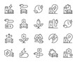 © blankstock - Electric car charging line icons. Charge station, Ev parking and Battery charger set. Home car charging, power station and electro energy line icons. Charge battery, parking electric plug. Vector