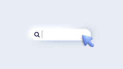 Search bar 3d template for website. Navigation search for web browser. 3d arrow mouse cursor. Ask question template banner. Support FAQ information web bar. Vector