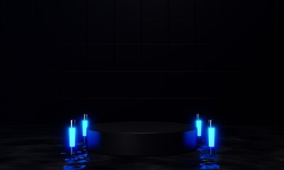 Poster - 3d illustration of cylinder podium with neon light on abstract background