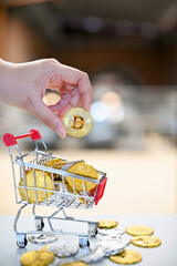 Sticker - A female hand holding a golden bitcoin, silver and golden bitcoins in shopping cart.