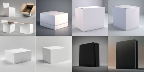 Aufkleber - Layout of a white and black cardboard packaging box in different positions. Empty white mockups of a white packaging box. 3D illustration