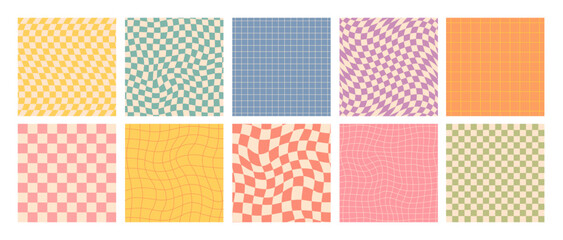 groovy checkered seamless patterns, vintage aesthetic backgrounds, psychedelic checkerboard texture.
