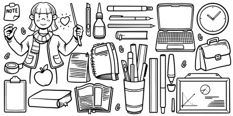 Wall Mural - Doodle school objects. Hand drawing of teacher equipment set isolated on white background.