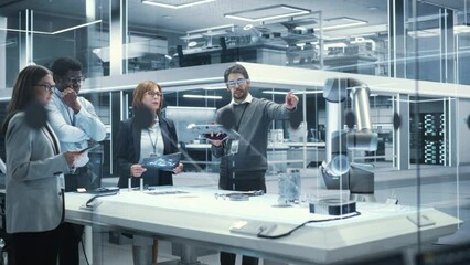 Aufkleber - Robotics Engineers, Project Manager and Machinery Operator Collaborate on a Robot Arm Project, Standing with Tablet Computers in Scientific Technology Lab. Team Developing an AI Robotic Arm.